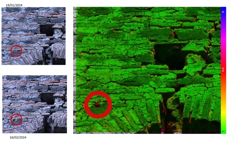 Confronto PhotoMonitoring su una muratura storica: due immagini acquisite a un mese di distanza e la mappa di correlazione che evidenzia la variazione