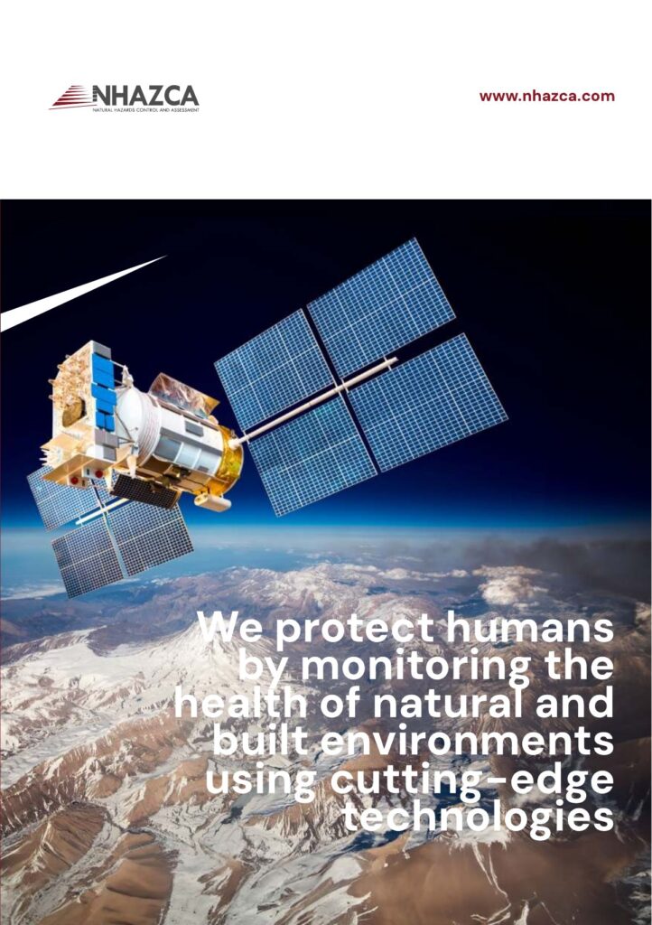 Cover of the NHAZCA Company Profile 2026: a satellite in orbit above a snow-covered mountain range