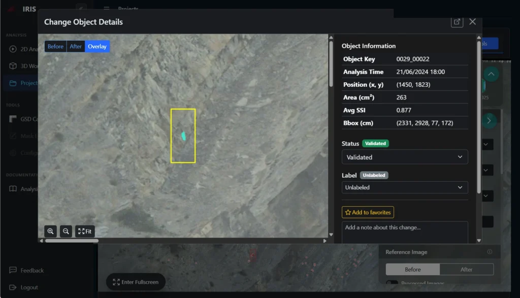 Cambiamento rilevato dal PhotoMonitoring™: distacco evidenziato automaticamente