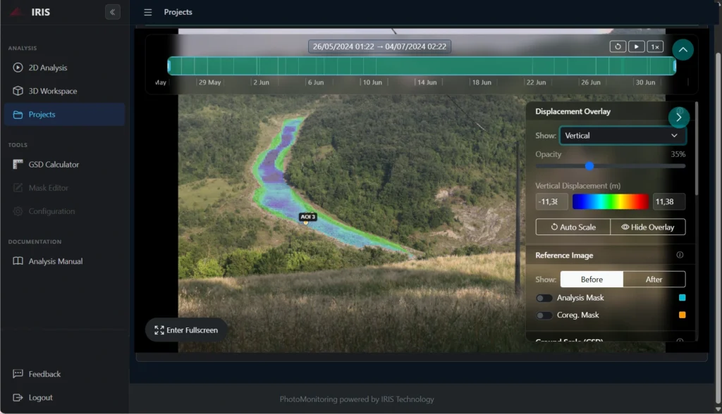 Piattaforma IRIS per il PhotoMonitoring™: mappa degli spostamenti verticali dello scenario monitorato con i risultati dell'analisi
