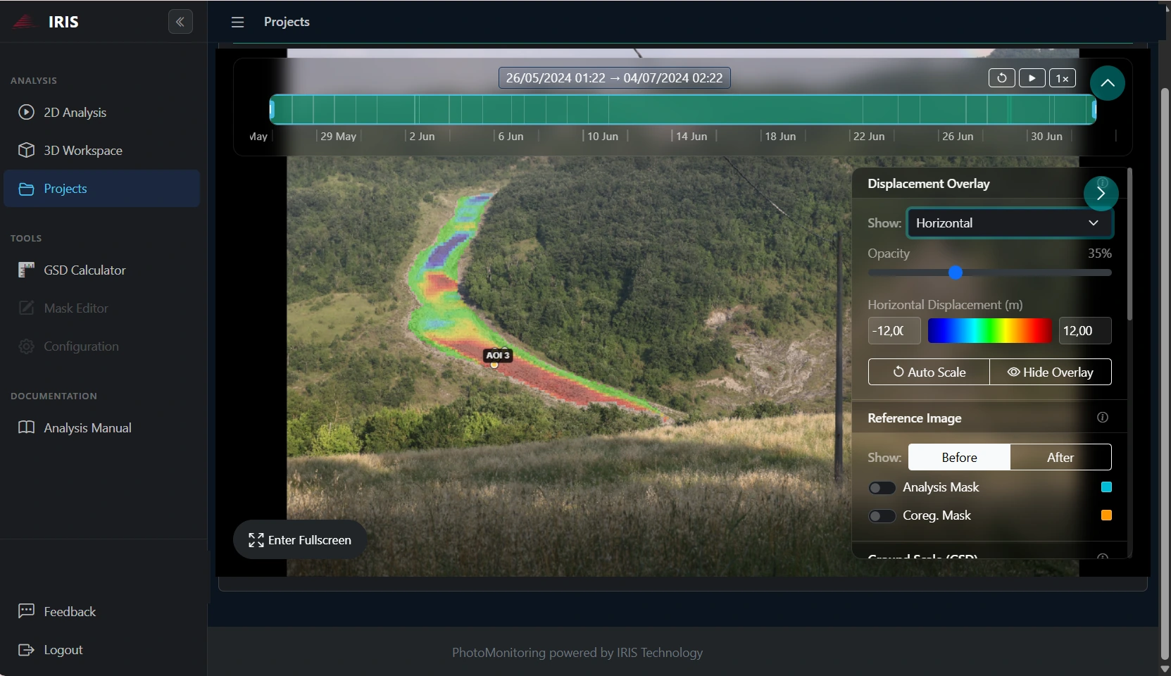 PhotoMonitoring™ analysis of a landslide: horizontal displacement map in the IRIS platform
